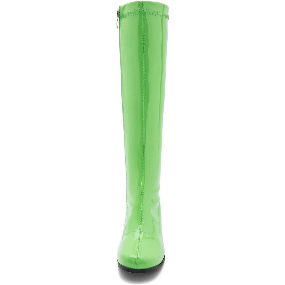 Women's Green Gogo Boots Knee High Block Heel Square Toe 60s 70s Disco Costume - Picture 3 of 7